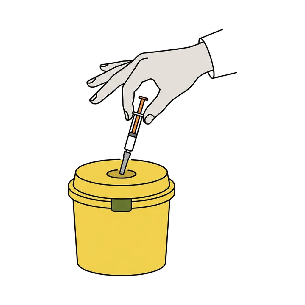 Drawing of a used needle going into a hard container