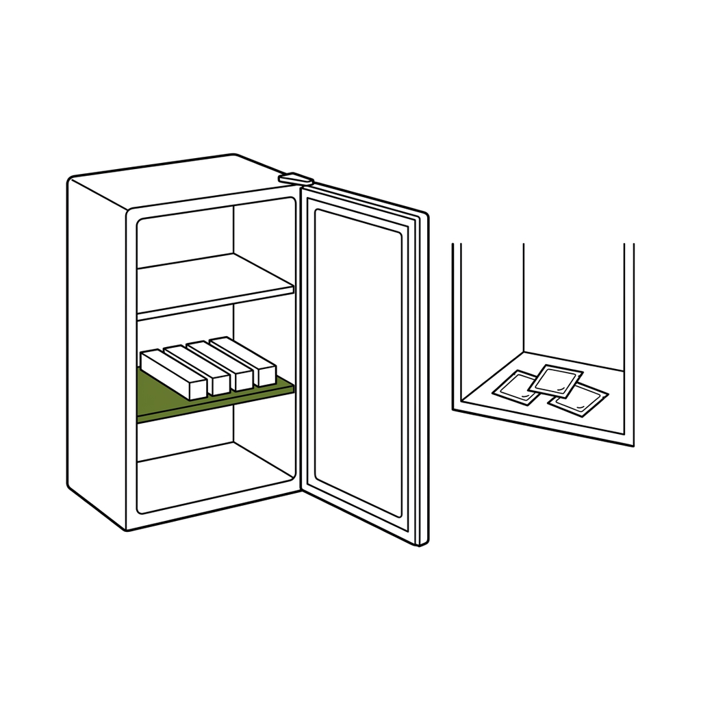 An open fridge with four slim white cartons on a shelf, and beside it a dry cupboard shelf holding the alcohol wipes