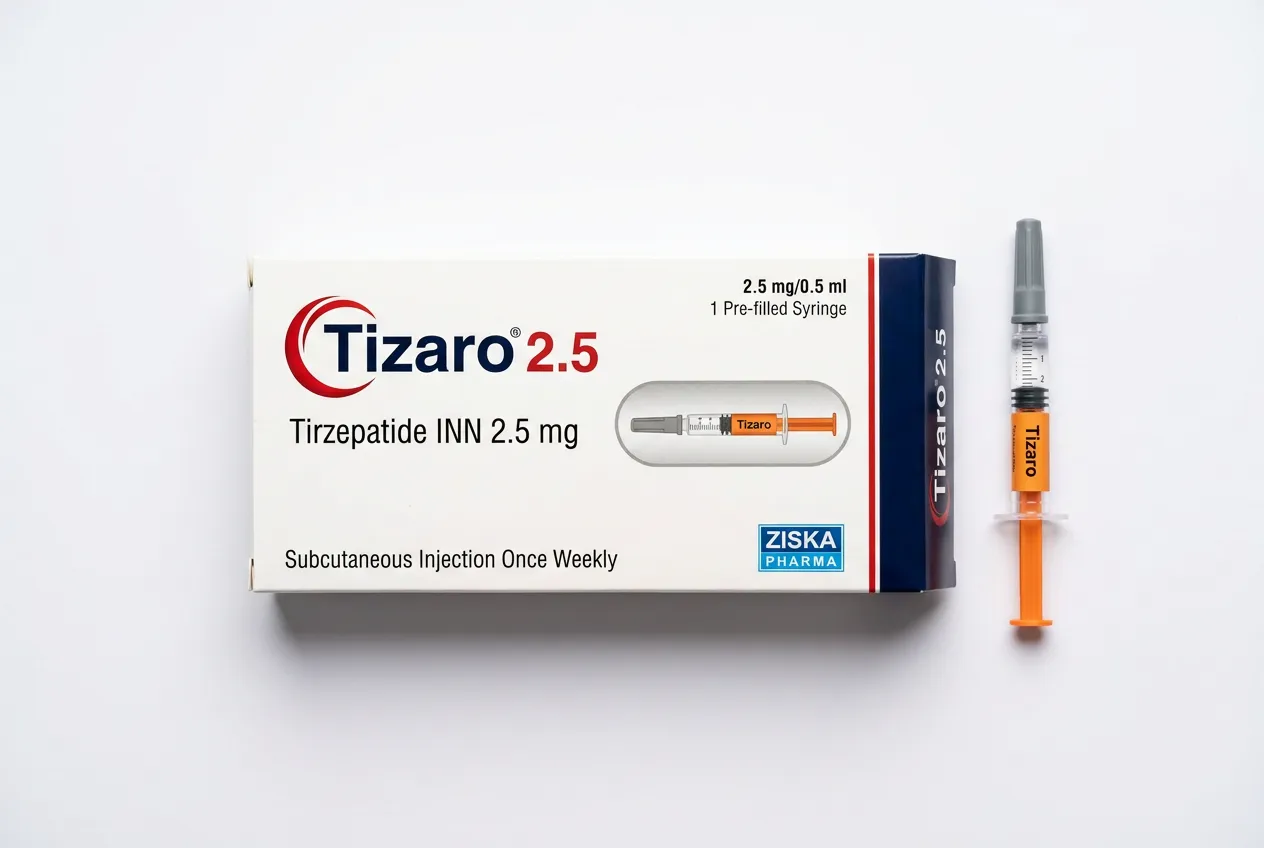 Tizaro 2.5mg Tirzepatide — box and pre-filled syringe by Ziska Pharma