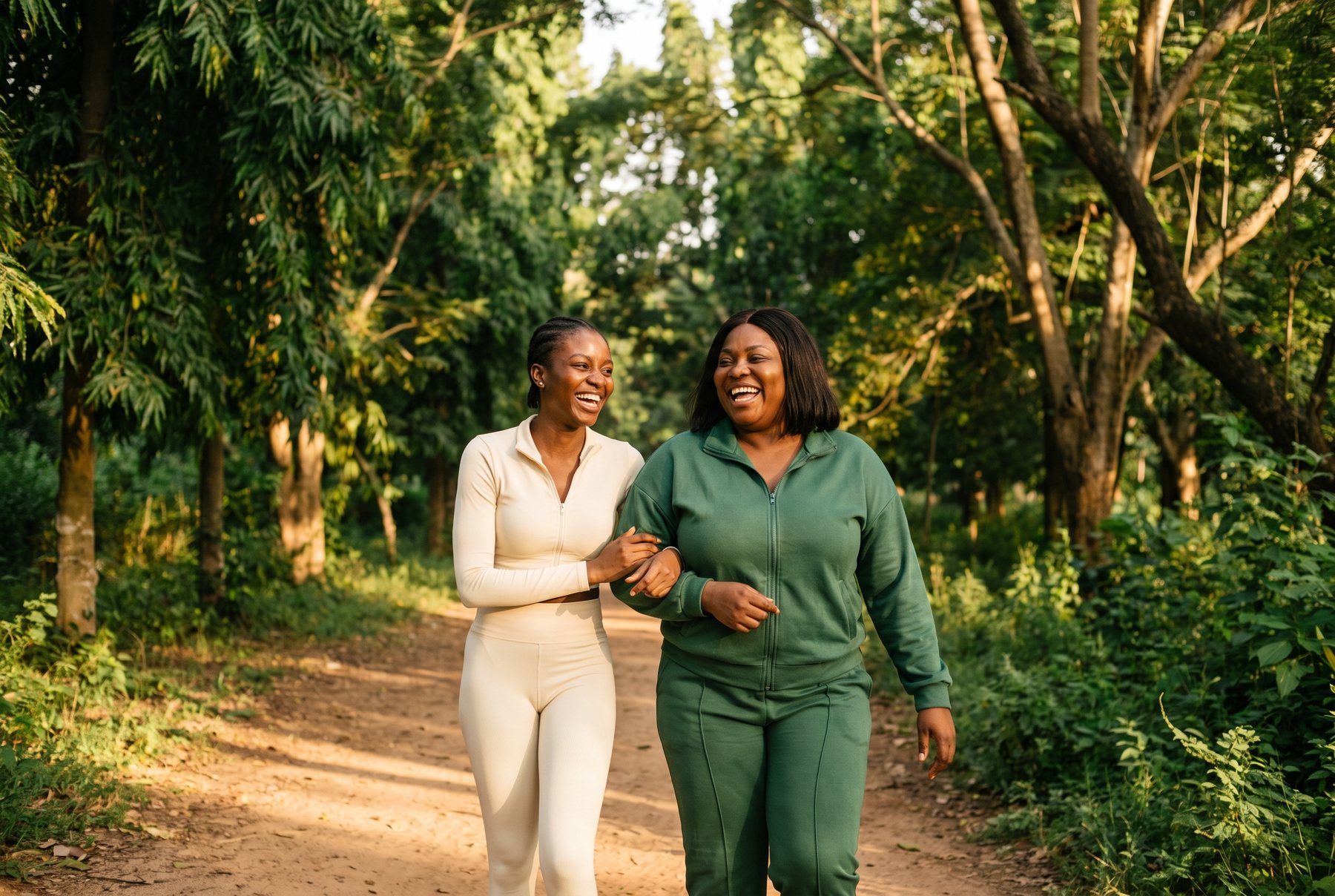 Two friends laughing on a walk in the park