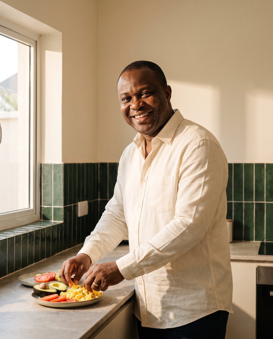 A smiling man plating breakfast at home