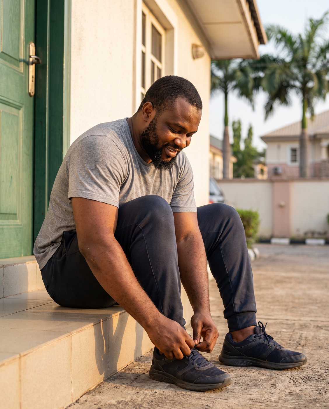 A man tying his trainers on his front step