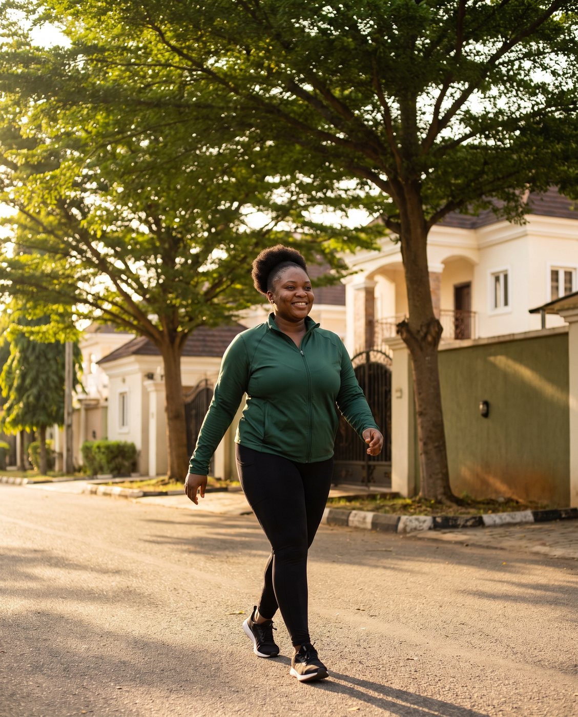 A woman in a green jacket on a morning walk